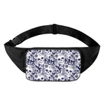 White Blue Skull Floral Pattern Print Waist Bag