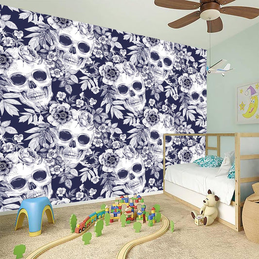 White Blue Skull Floral Pattern Print Wall Sticker