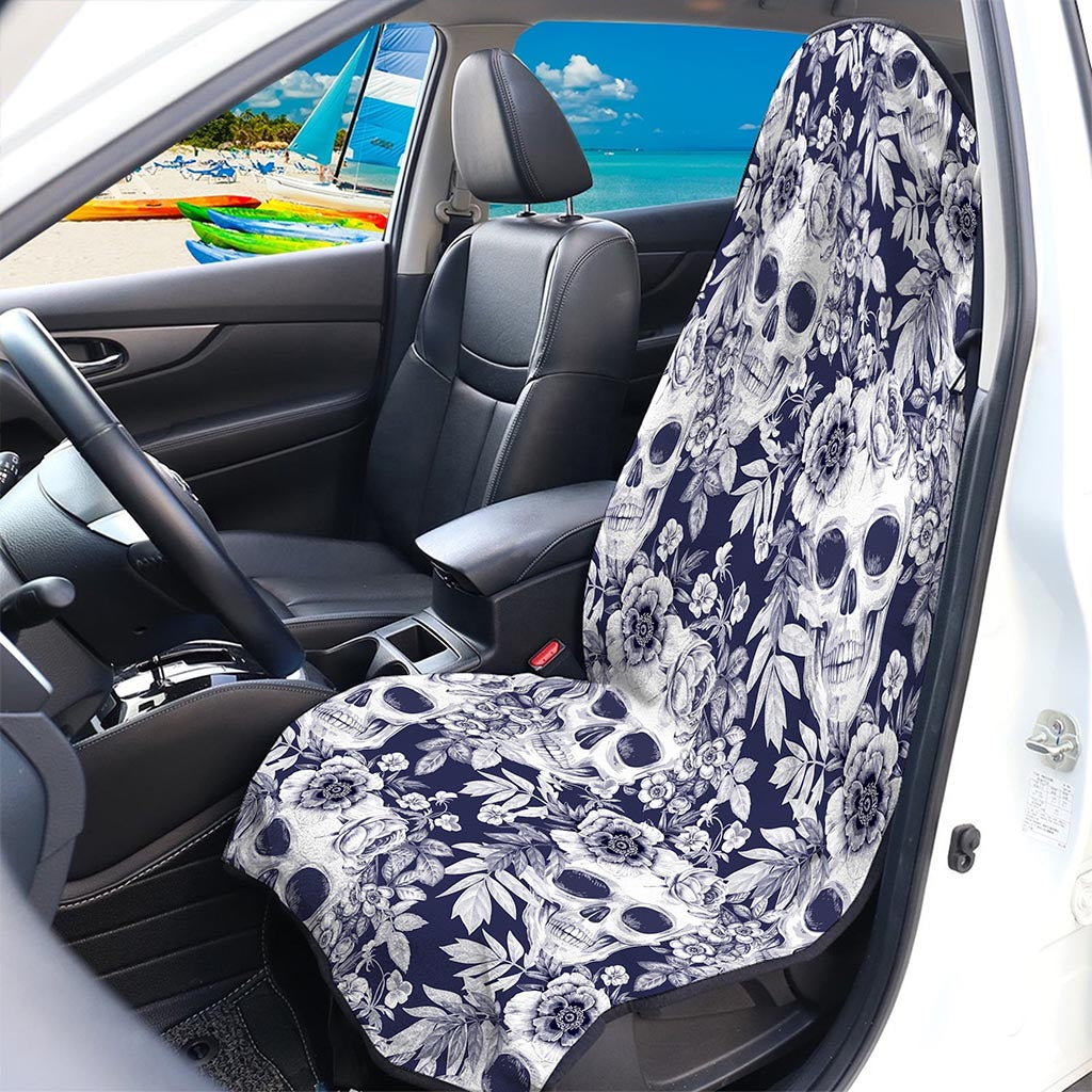 White Blue Skull Floral Pattern Print Waterproof Car Seat Cover