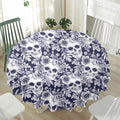 White Blue Skull Floral Pattern Print Waterproof Round Tablecloth