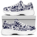 White Blue Skull Floral Pattern Print White Chunky Shoes
