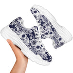 White Blue Skull Floral Pattern Print White Chunky Shoes