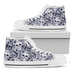 White Blue Skull Floral Pattern Print White High Top Sneakers