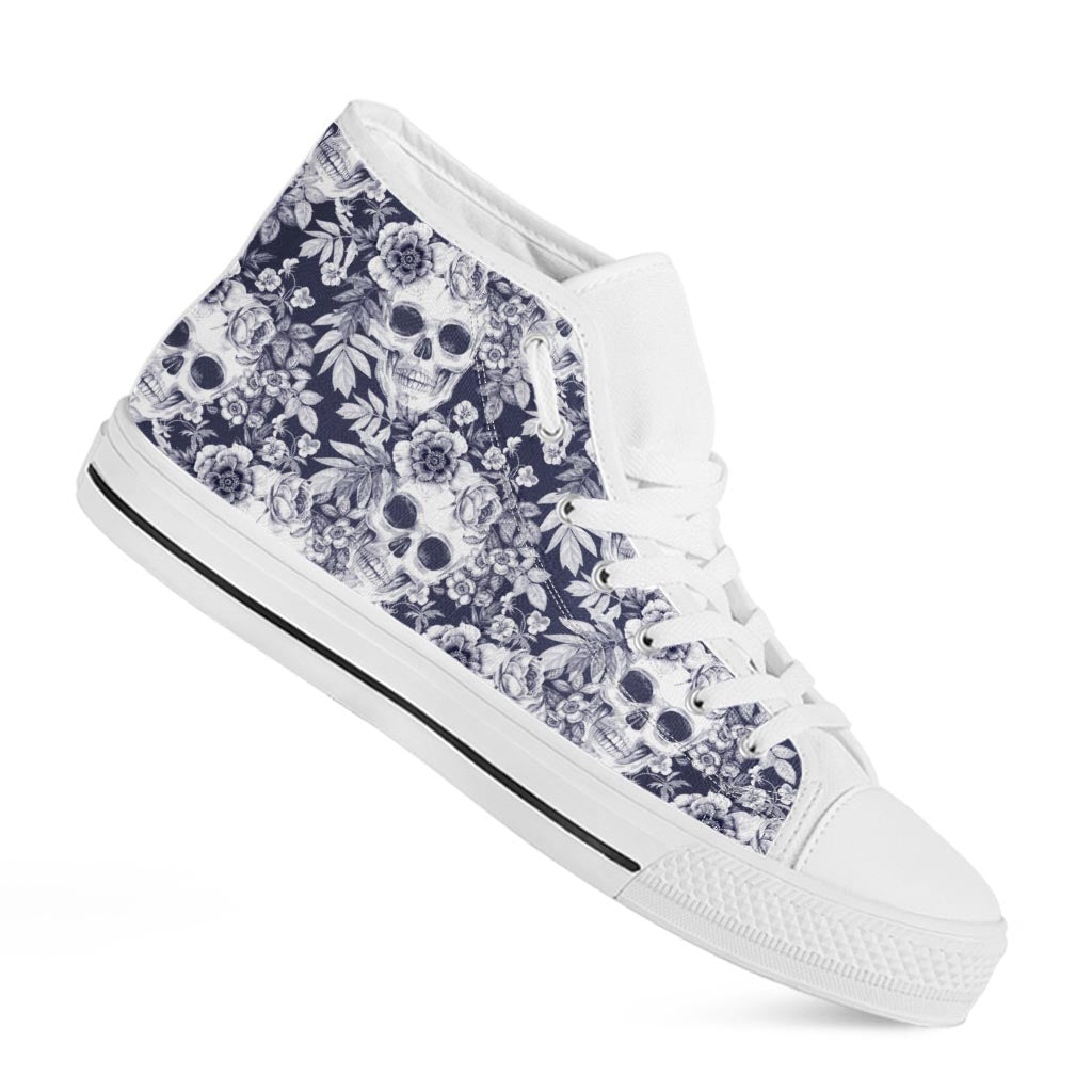 White Blue Skull Floral Pattern Print White High Top Sneakers