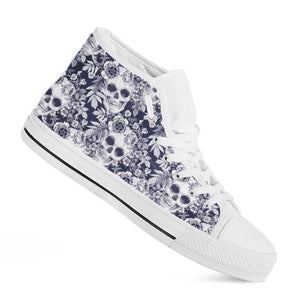 White Blue Skull Floral Pattern Print White High Top Sneakers