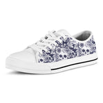 White Blue Skull Floral Pattern Print White Low Top Sneakers