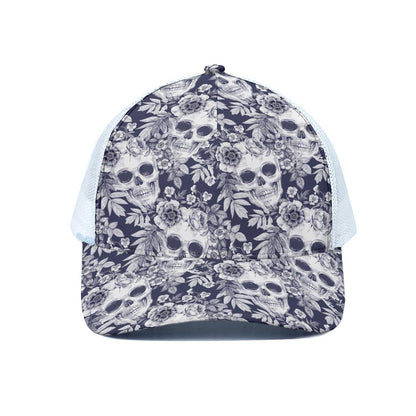 White Blue Skull Floral Pattern Print White Mesh Trucker Cap