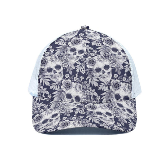 White Blue Skull Floral Pattern Print White Mesh Trucker Cap