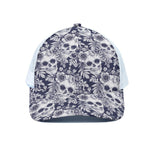 White Blue Skull Floral Pattern Print White Mesh Trucker Cap