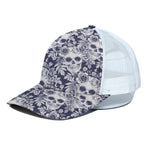 White Blue Skull Floral Pattern Print White Mesh Trucker Cap