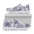 White Blue Skull Floral Pattern Print White Running Shoes