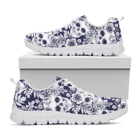 White Blue Skull Floral Pattern Print White Running Shoes