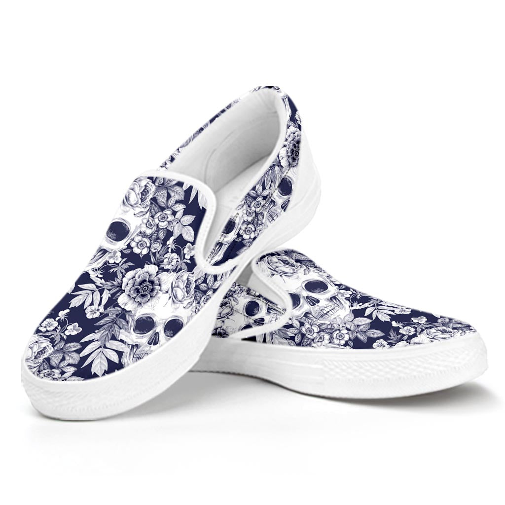 White Blue Skull Floral Pattern Print White Slip On Sneakers