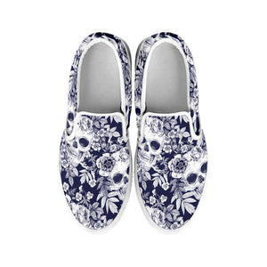 White Blue Skull Floral Pattern Print White Slip On Sneakers