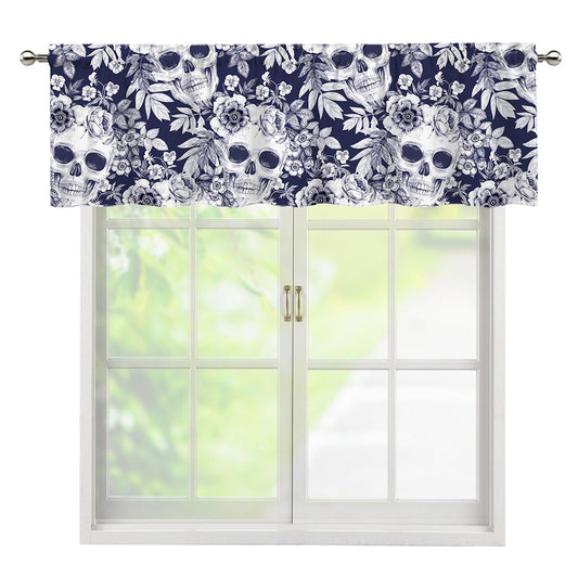 White Blue Skull Floral Pattern Print Window Valance