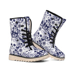 White Blue Skull Floral Pattern Print Winter Boots