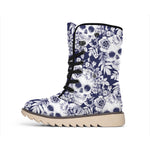 White Blue Skull Floral Pattern Print Winter Boots