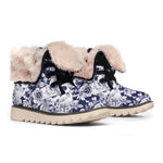 White Blue Skull Floral Pattern Print Winter Boots