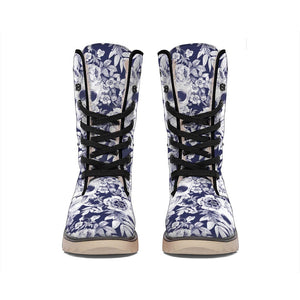 White Blue Skull Floral Pattern Print Winter Boots