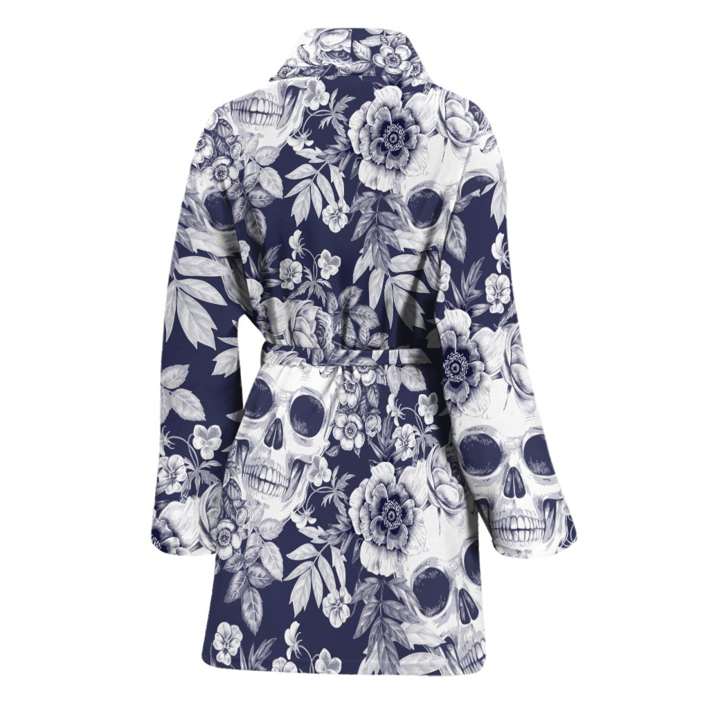 White Blue Skull Floral Pattern Print Women's Bathrobe