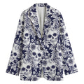 White Blue Skull Floral Pattern Print Women's Blazer
