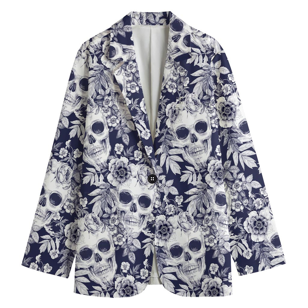 White Blue Skull Floral Pattern Print Women's Blazer