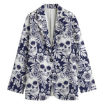 White Blue Skull Floral Pattern Print Women's Blazer