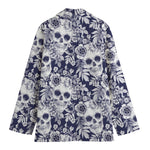 White Blue Skull Floral Pattern Print Women's Blazer