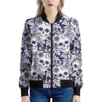 White Blue Skull Floral Pattern Print Women's Bomber Jacket