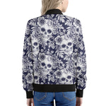 White Blue Skull Floral Pattern Print Women's Bomber Jacket