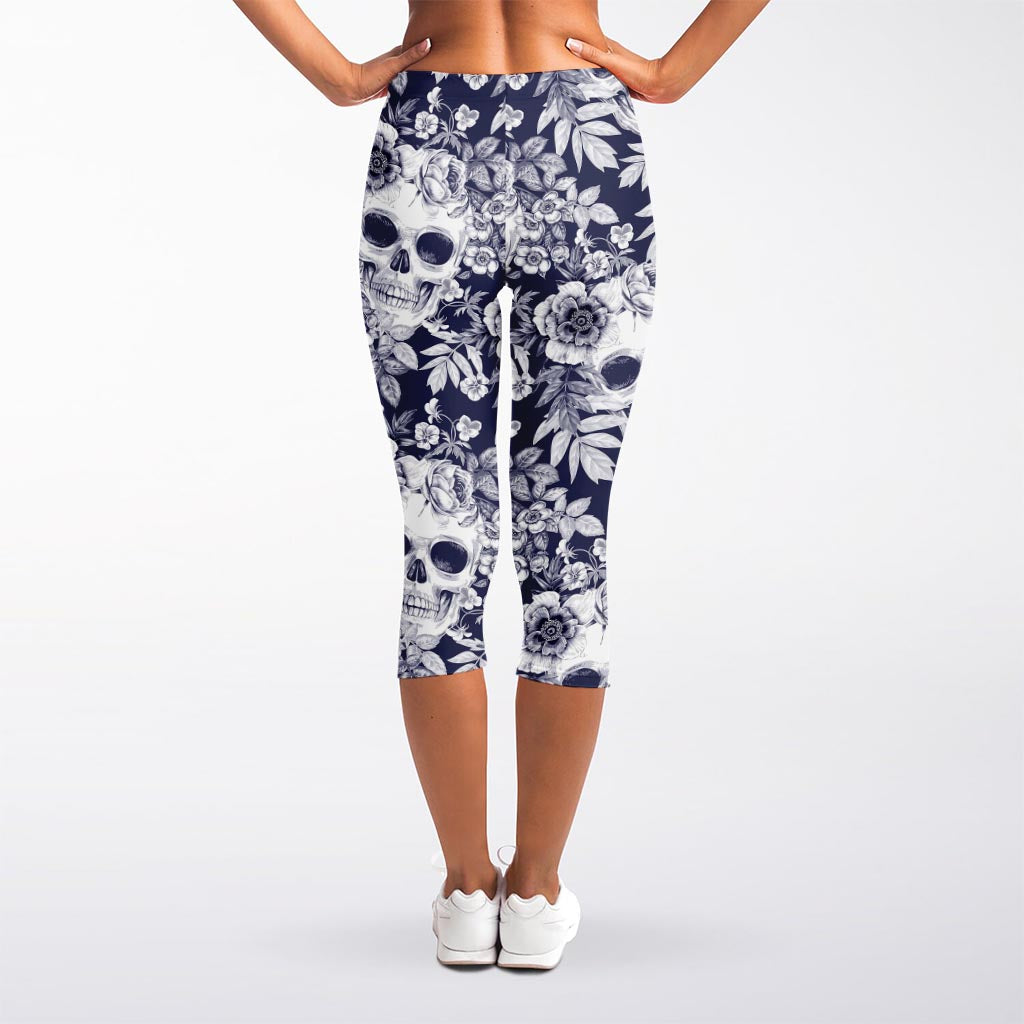 White Blue Skull Floral Pattern Print Women's Capri Leggings