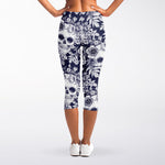 White Blue Skull Floral Pattern Print Women's Capri Leggings