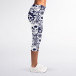 White Blue Skull Floral Pattern Print Women's Capri Leggings
