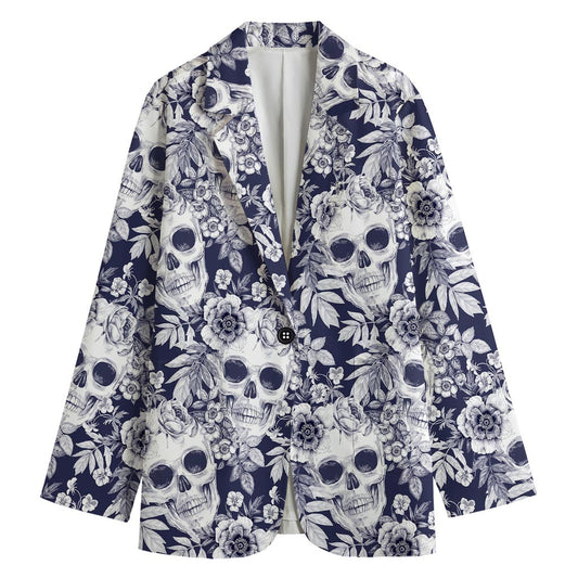 White Blue Skull Floral Pattern Print Women's Cotton Blazer