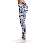 White Blue Skull Floral Pattern Print Women's Leggings