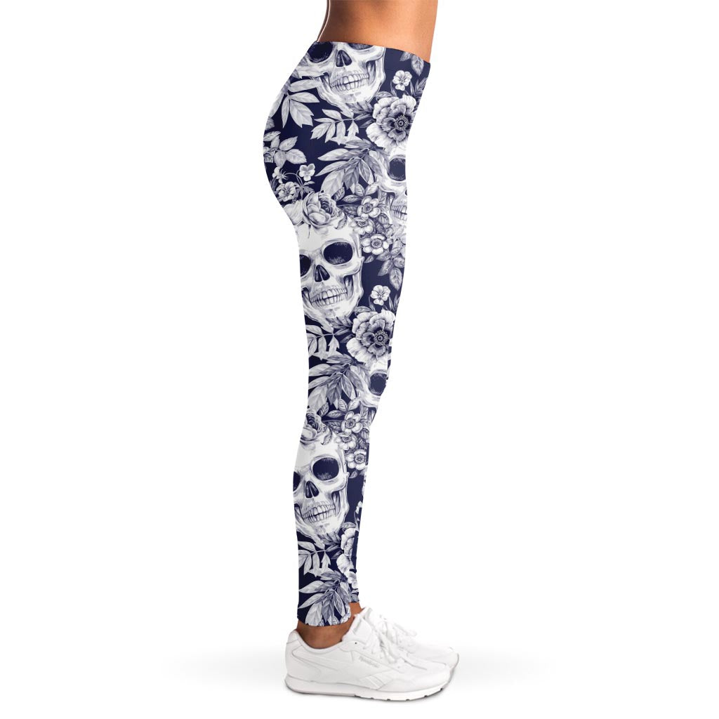 White Blue Skull Floral Pattern Print Women's Leggings