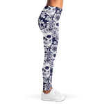 White Blue Skull Floral Pattern Print Women's Leggings