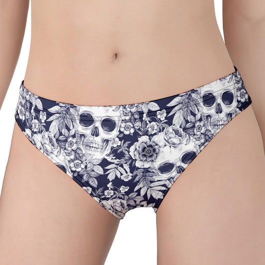 White Blue Skull Floral Pattern Print Women's Panties