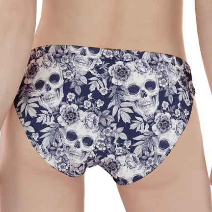 White Blue Skull Floral Pattern Print Women's Panties