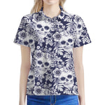 White Blue Skull Floral Pattern Print Women's Polo Shirt