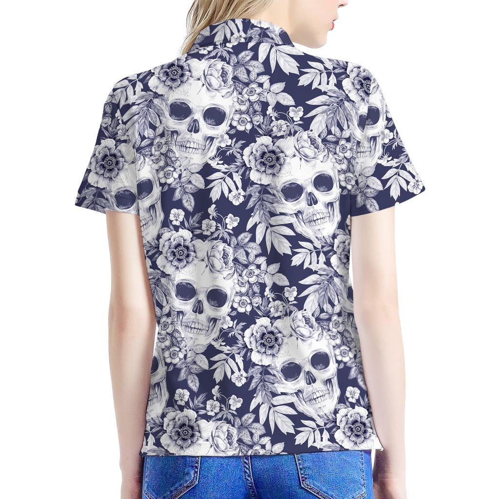 White Blue Skull Floral Pattern Print Women's Polo Shirt