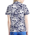 White Blue Skull Floral Pattern Print Women's Polo Shirt