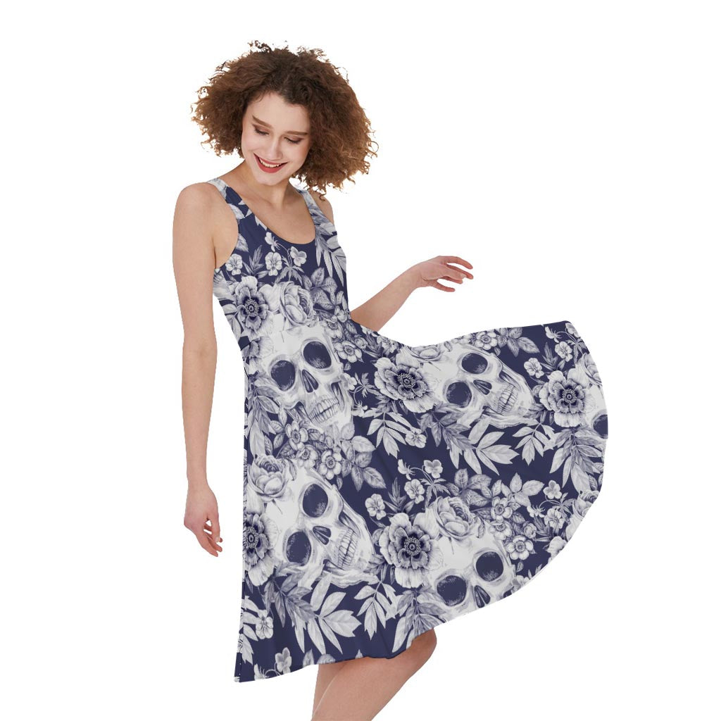 White Blue Skull Floral Pattern Print Women's Sleeveless Dress