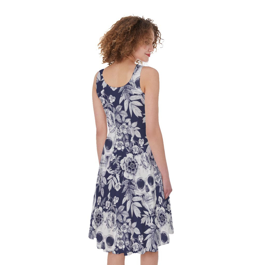 White Blue Skull Floral Pattern Print Women's Sleeveless Dress