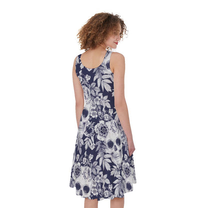 White Blue Skull Floral Pattern Print Women's Sleeveless Dress