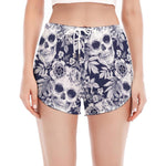 White Blue Skull Floral Pattern Print Women's Split Running Shorts