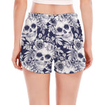 White Blue Skull Floral Pattern Print Women's Split Running Shorts