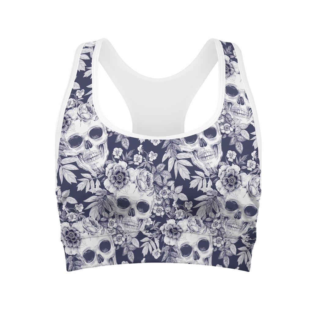 White Blue Skull Floral Pattern Print Women's Sports Bra