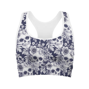 White Blue Skull Floral Pattern Print Women's Sports Bra