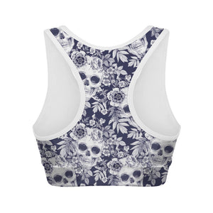 White Blue Skull Floral Pattern Print Women's Sports Bra